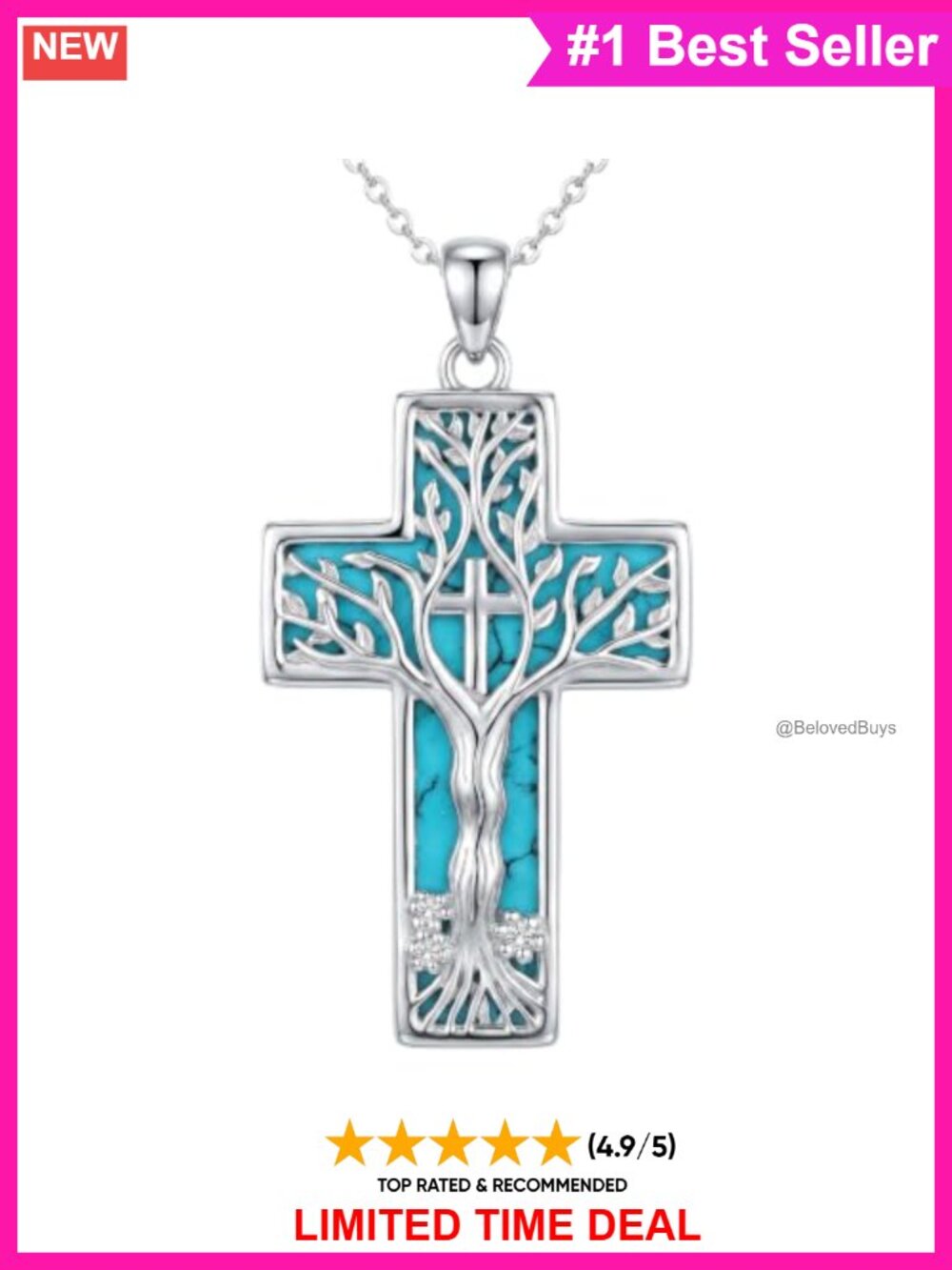 925 Sterling Silver Turquoise Cross Tree of Life Pendant Necklace Adjustable